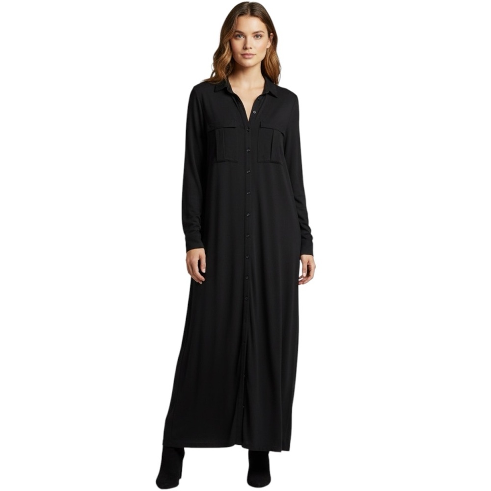 Yana K Deacon Black Maxi Shirt Dress Long Sleeve One Size Stretchy
